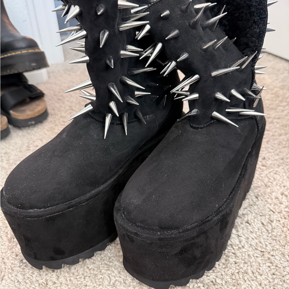 Dolls Kill X Widow Black Platform Boots with Silver Spikes and Sherpa lining - Picture 2 of 6